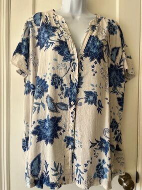 Joie Linen Blend Button-Up Boxy Relaxed Floral Blouse Tunic Womens 1X Blue White